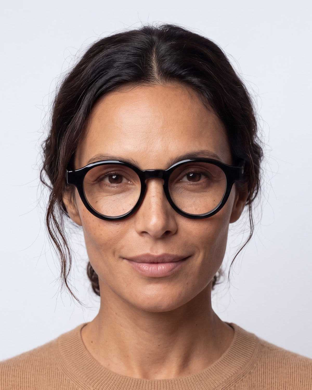Nora in black, worn, Heather lenses