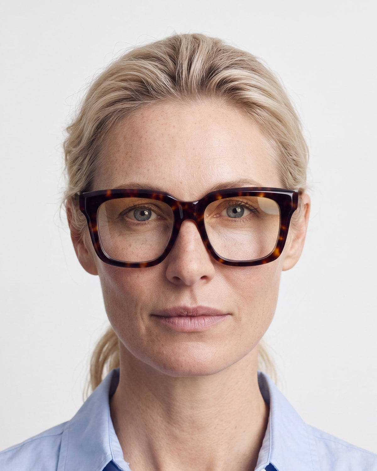 Therese in tortoiseshell, worn, Dawn lenses