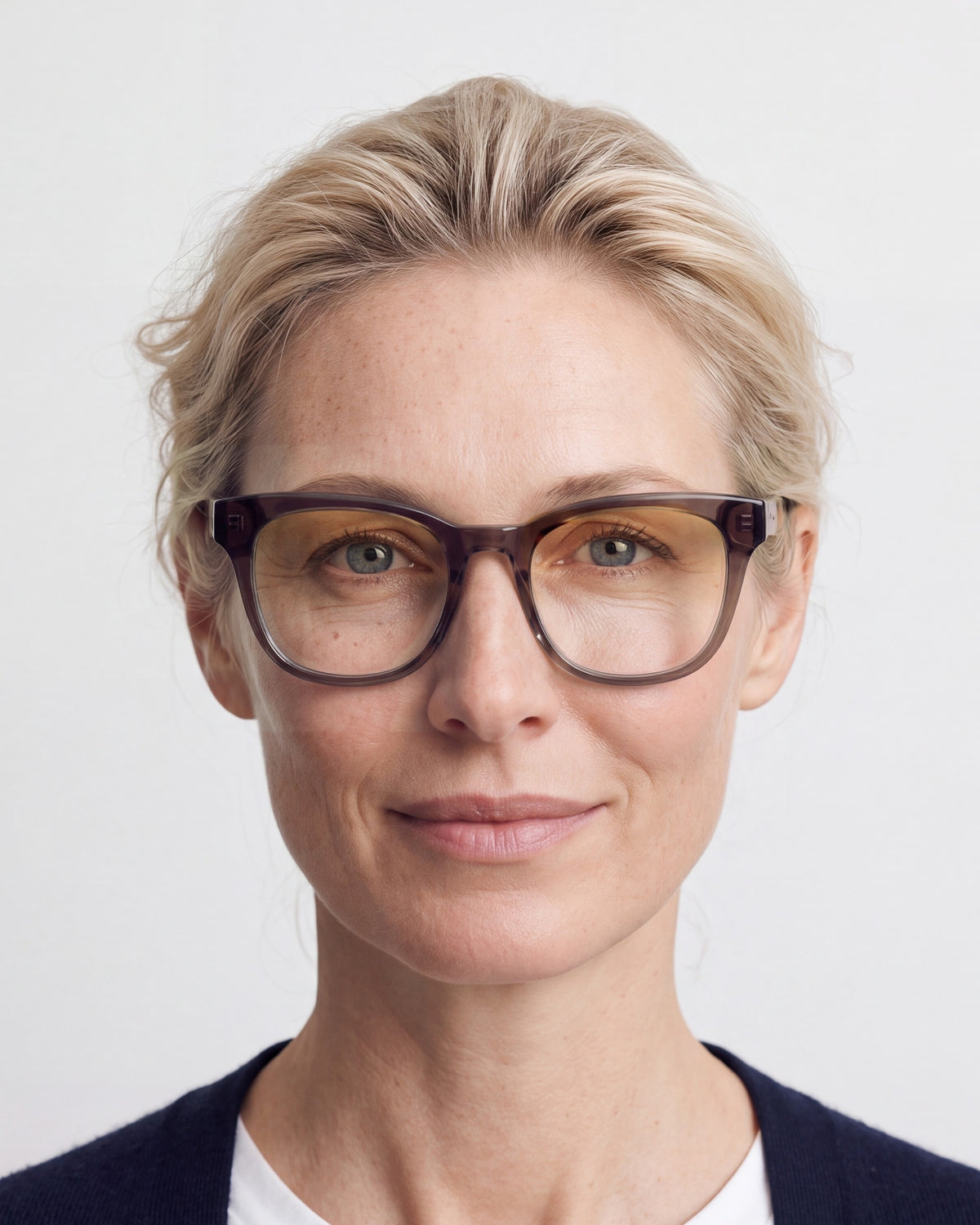 Zoey in dark brown, worn, Dawn lenses