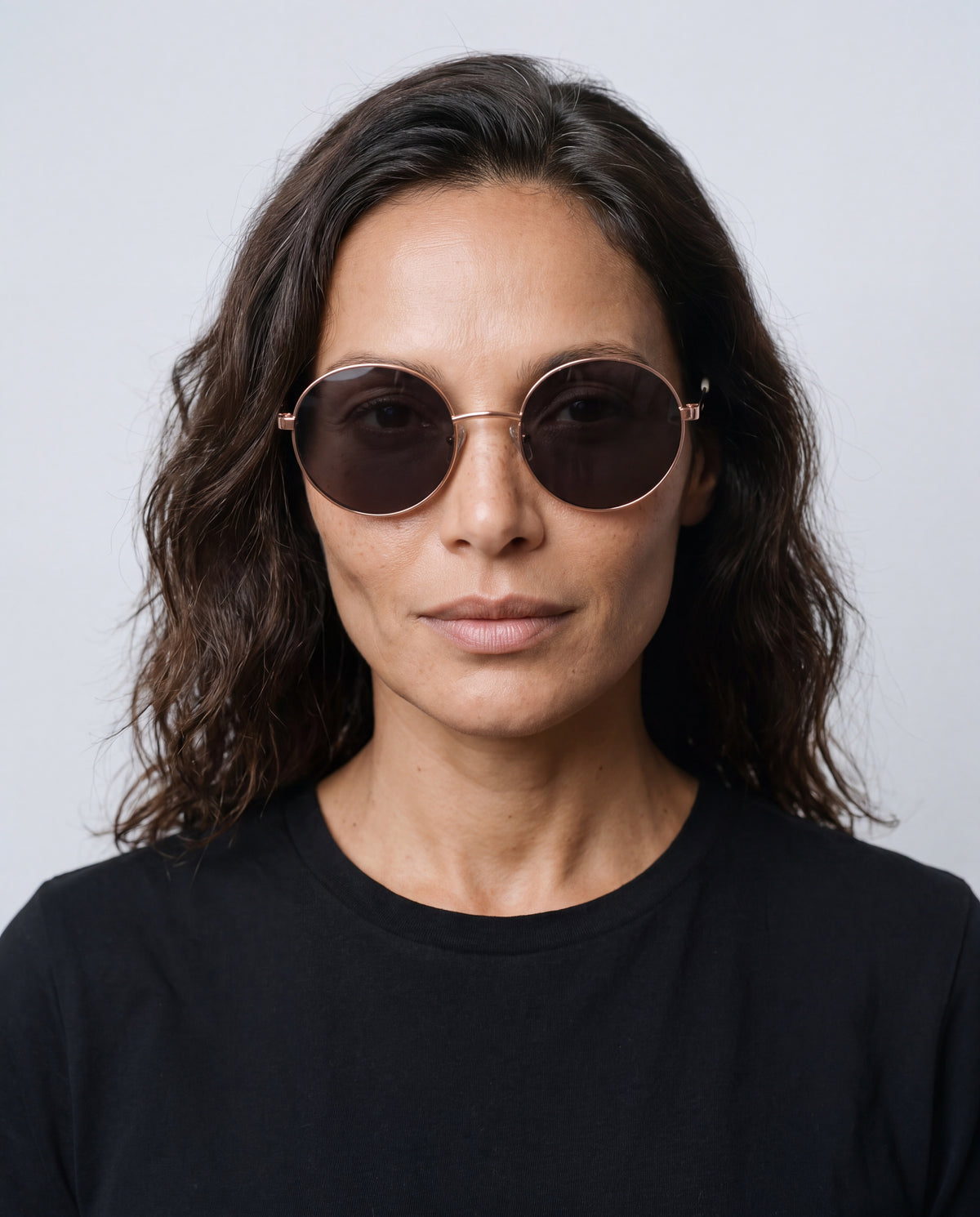 Grace Rose Gold Deep Smoke Progressive Sun Readers, worn